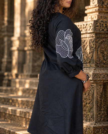 Bohemian Noir Black Midi with Artistic Blooming Rose