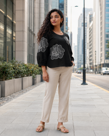 Blooming Rose Embroidery Black Cotton Top