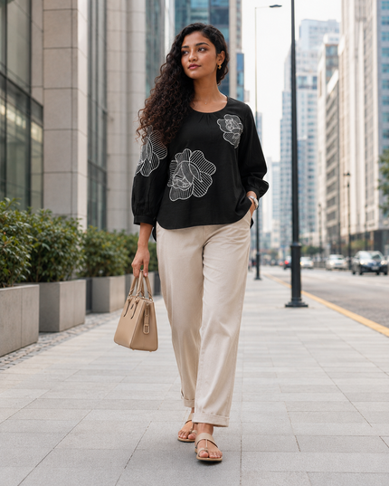 Blooming Rose Embroidery Black Cotton Top