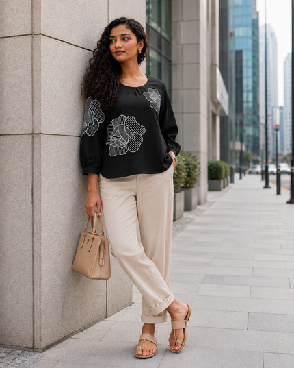 Blooming Rose Embroidery Black Cotton Top
