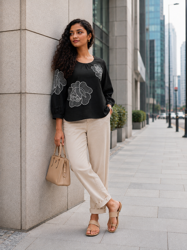 Blooming Rose Embroidery Black Cotton Top