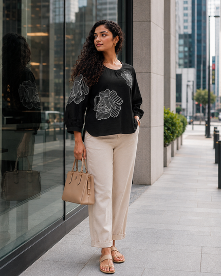 Blooming Rose Embroidery Black Cotton Top