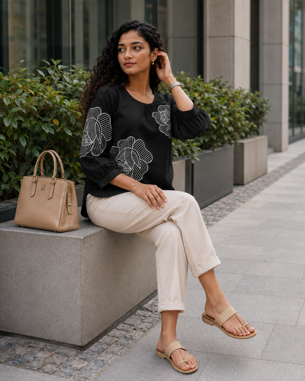 Blooming Rose Embroidery Black Cotton Top