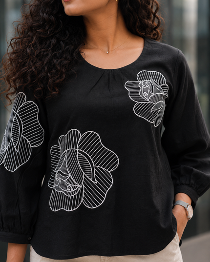 Blooming Rose Embroidery Black Cotton Top