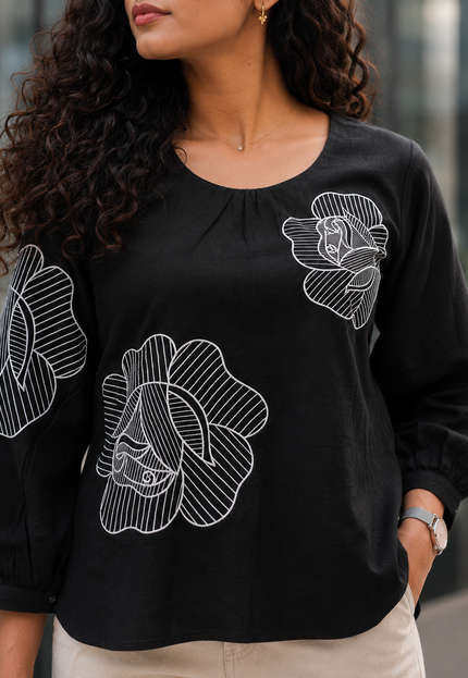 Blooming Rose Embroidery Black Cotton Top