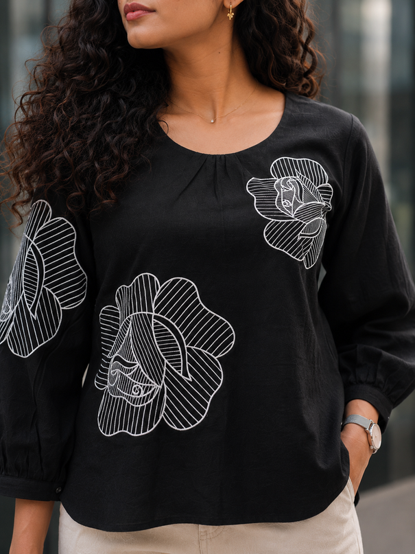 Blooming Rose Embroidery Black Cotton Top