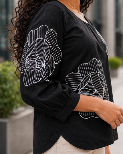 Blooming Rose Embroidery Black Cotton Top