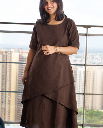 Mellow Maharani Overlap Cotton Brown Midi Dress