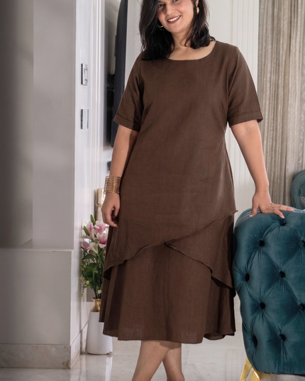 Mellow Maharani Overlap Cotton Brown Midi Dress