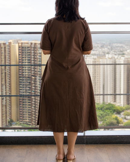Mellow Maharani Overlap Cotton Brown Midi Dress