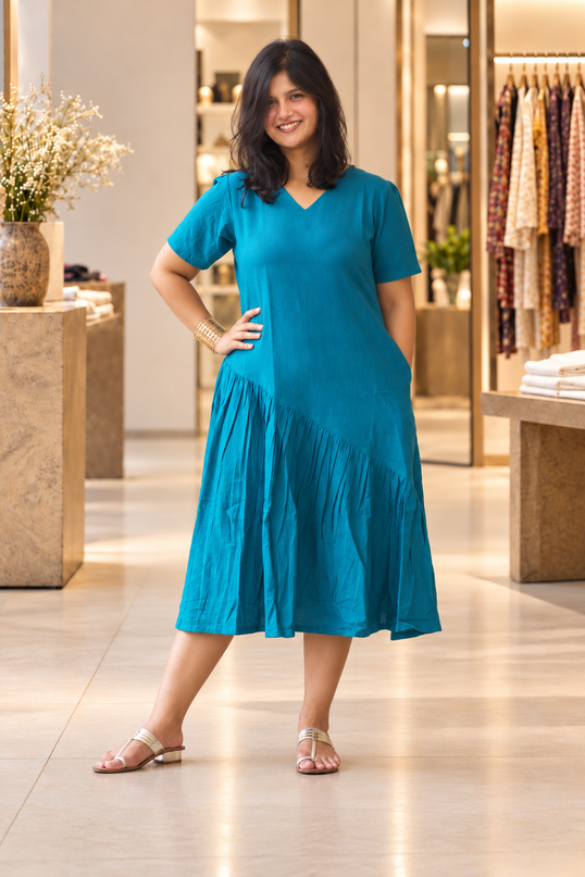 Ocean Sway Cotton Pleated Midi Dress