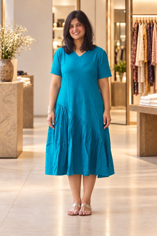 Ocean Sway Cotton Pleated Midi Dress