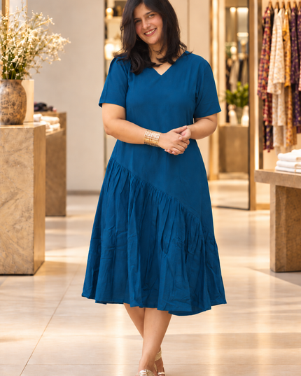 Sapphire Sway Cotton Pleated Midi Dress