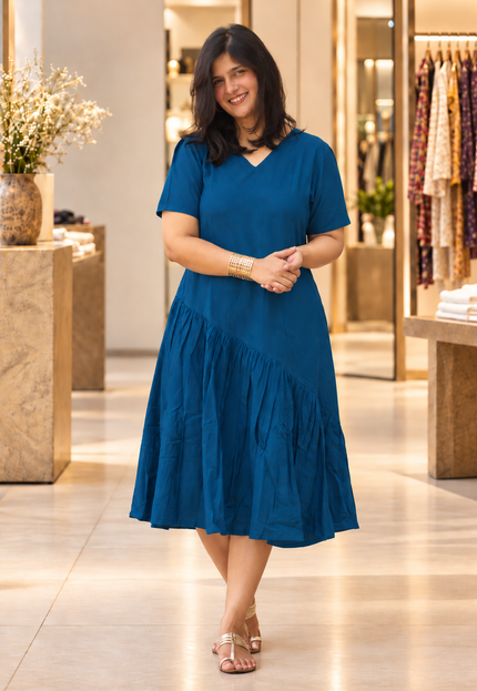 Sapphire Sway Cotton Pleated Midi Dress