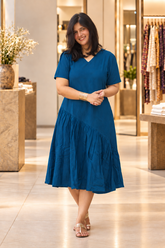 Sapphire Sway Cotton Pleated Midi Dress