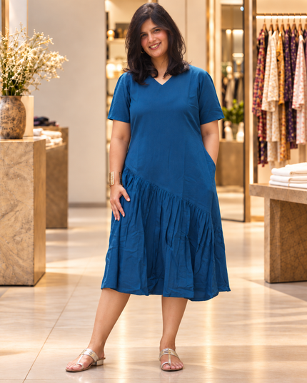 Sapphire Sway Cotton Pleated Midi Dress