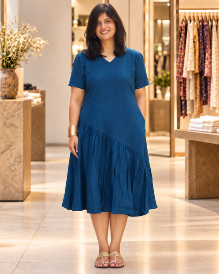 Sapphire Sway Cotton Pleated Midi Dress
