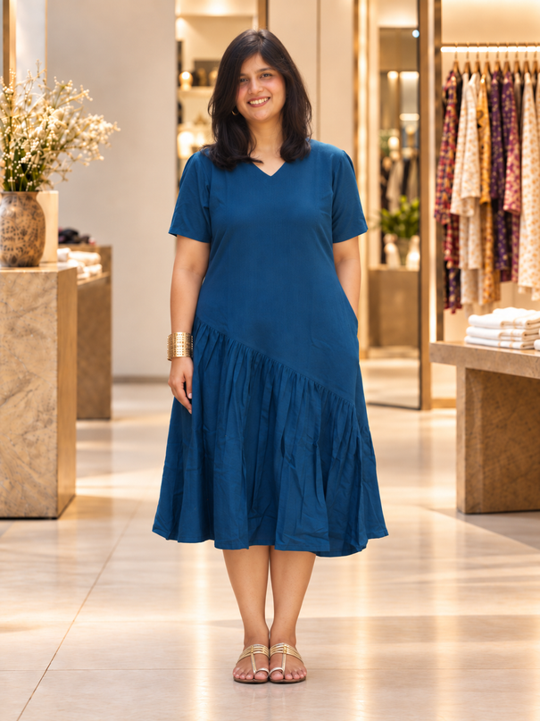 Sapphire Sway Cotton Pleated Midi Dress
