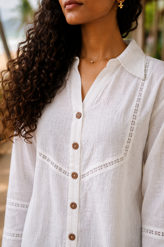 Whisper White Crochet Yoke Cotton Shirt