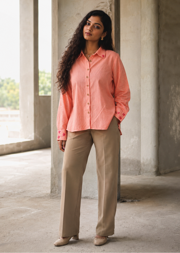 Peach Whirl  Daisy Detail Cotton Shirt