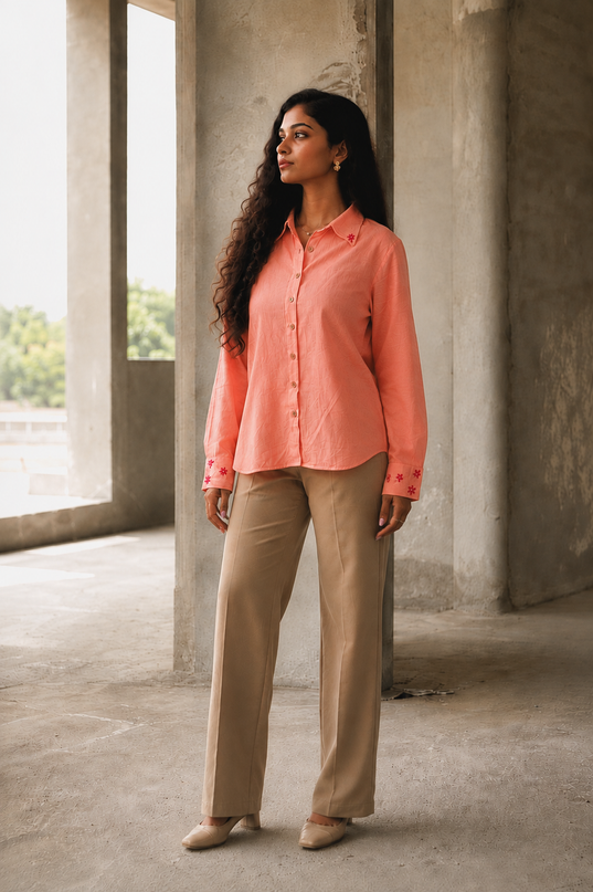 Peach Whirl  Daisy Detail Cotton Shirt