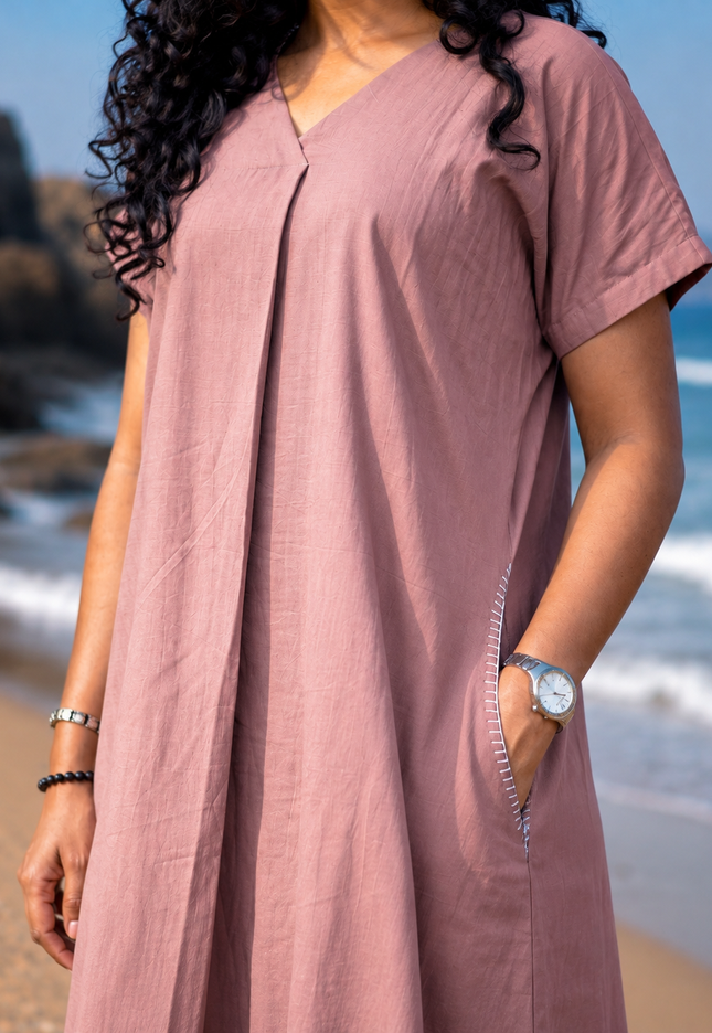 Onion Pink Casual Cotton V-Neck Pleated Midi Dress