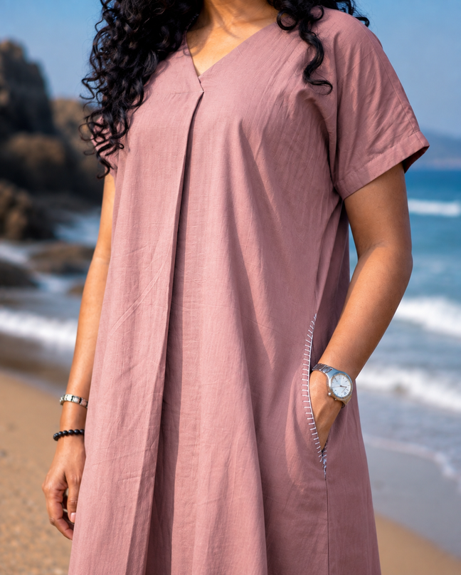 Onion Pink Casual Cotton V-Neck Pleated Midi Dress