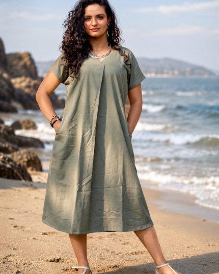 Olive Green Casual Cotton V-Neck Pleated Midi Dress