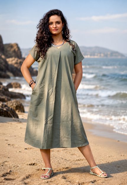 Olive Green Casual Cotton V-Neck Pleated Midi Dress