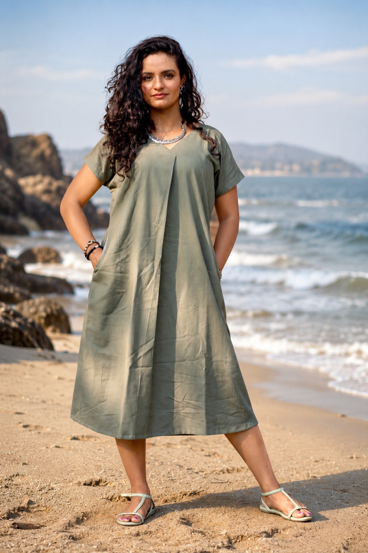 Olive Green Casual Cotton V-Neck Pleated Midi Dress
