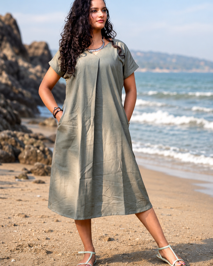 Olive Green Casual Cotton V-Neck Pleated Midi Dress