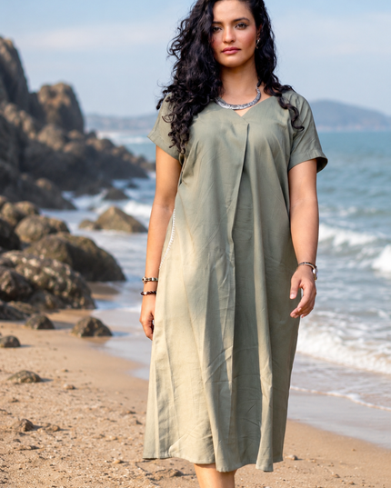 Olive Green Casual Cotton V-Neck Pleated Midi Dress