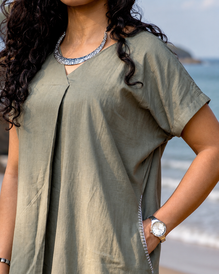 Olive Green Casual Cotton V-Neck Pleated Midi Dress