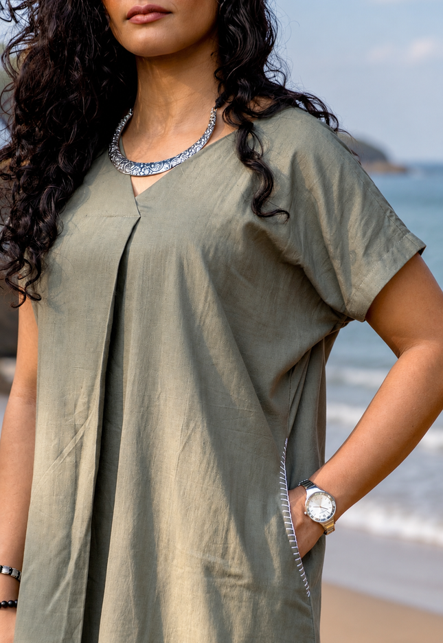 Olive Green Casual Cotton V-Neck Pleated Midi Dress