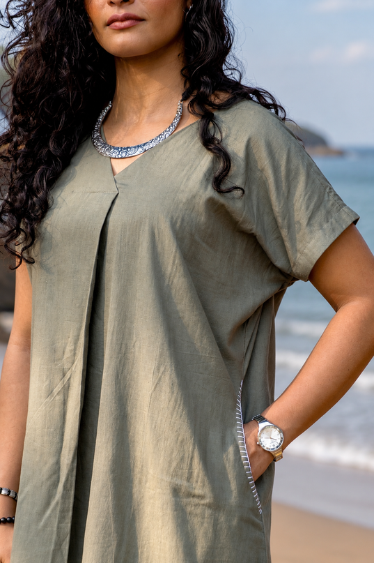 Olive Green Casual Cotton V-Neck Pleated Midi Dress