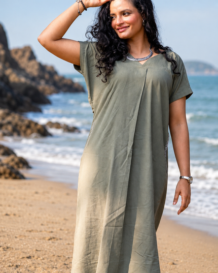 Olive Green Casual Cotton V-Neck Pleated Midi Dress