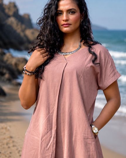Onion Pink Casual Cotton V-Neck Pleated Midi Dress