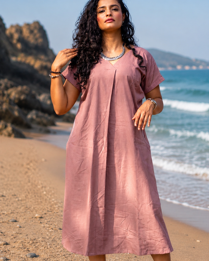 Onion Pink Casual Cotton V-Neck Pleated Midi Dress