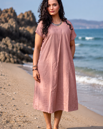 Onion Pink Casual Cotton V-Neck Pleated Midi Dress