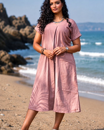 Onion Pink Casual Cotton V-Neck Pleated Midi Dress