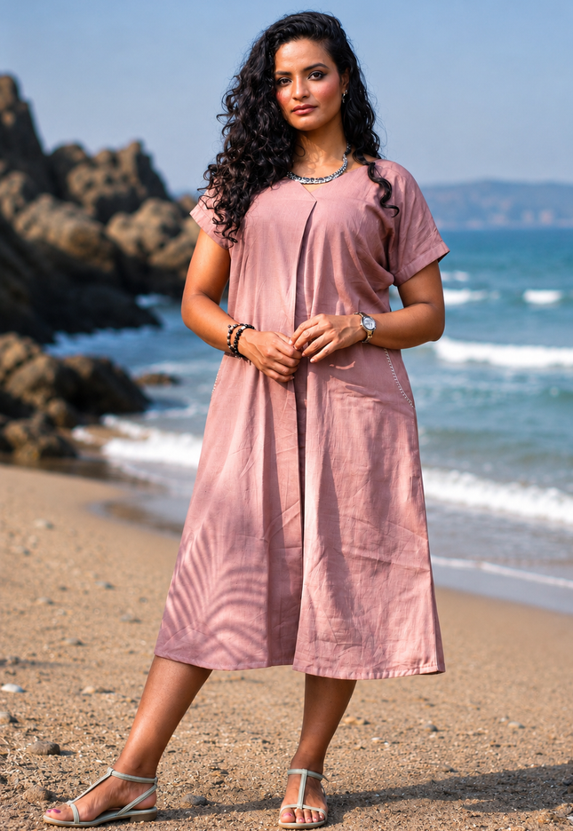 Onion Pink Casual Cotton V-Neck Pleated Midi Dress