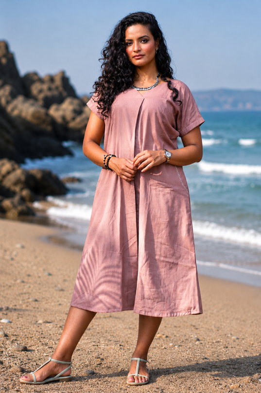 Onion Pink Casual Cotton V-Neck Pleated Midi Dress