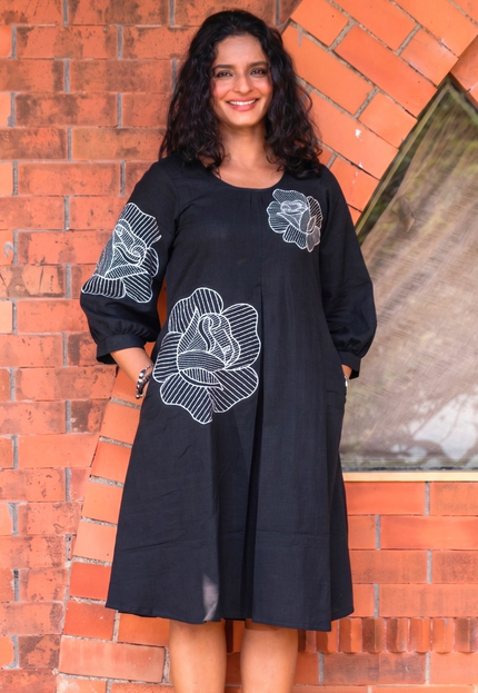 Bohemian Noir Black Midi with Artistic Blooming Rose