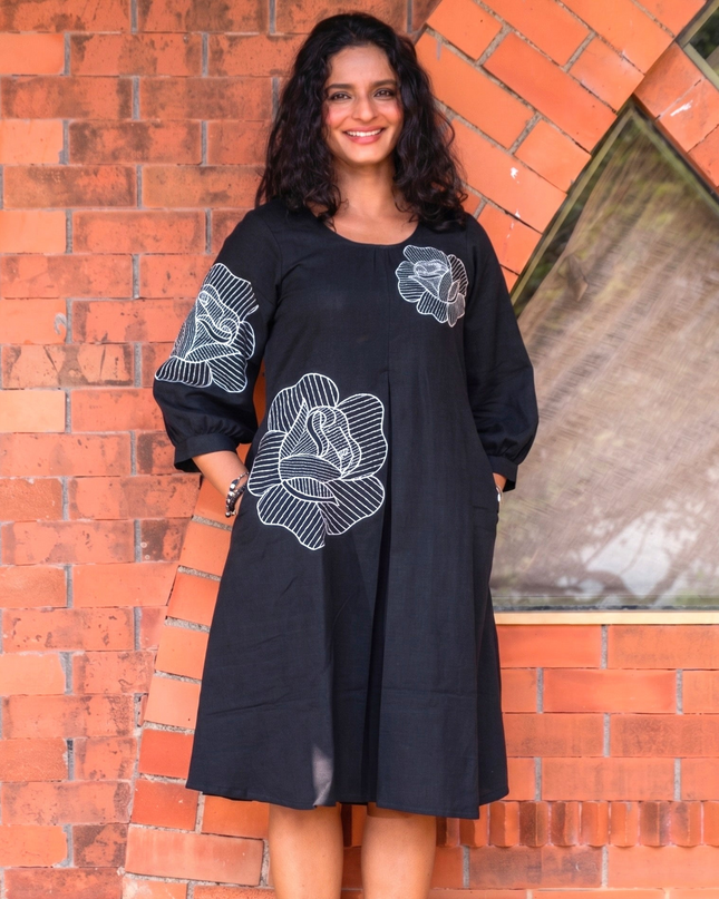 Bohemian Noir Black Midi with Artistic Blooming Rose