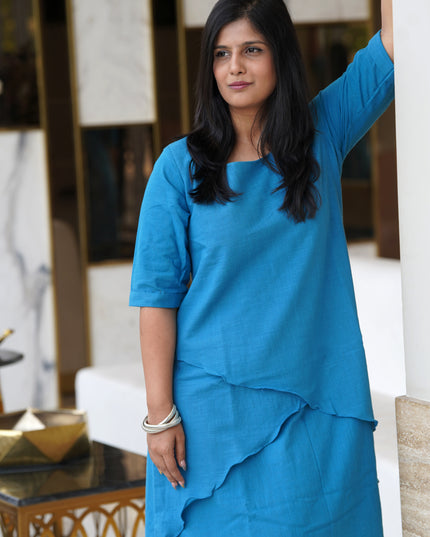 Mellow Maharani Overlap Cotton Blue Midi Dress