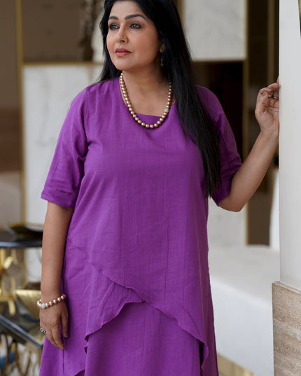 Mellow Maharani Overlap Cotton Purple Midi Dress