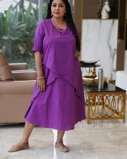Mellow Maharani Overlap Cotton Purple Midi Dress