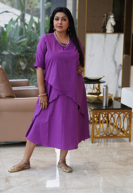 Mellow Maharani Overlap Cotton Purple Midi Dress