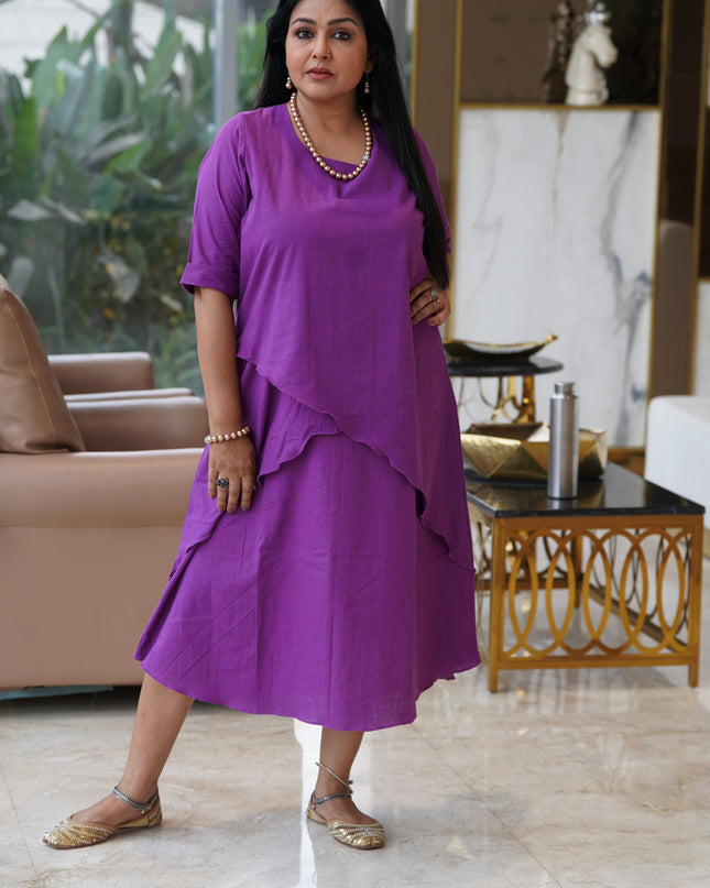 Mellow Maharani Overlap Cotton Purple Midi Dress