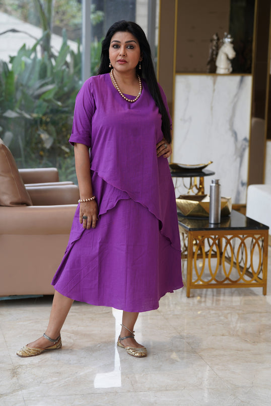 Mellow Maharani Overlap Cotton Purple Midi Dress